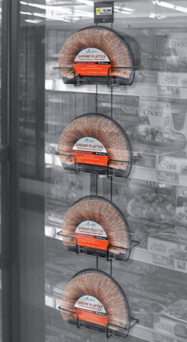 Cooler Freezer Door Hanger with Shrimp Rings scaled | TM Shea Products | Retail Merchandising Display Solutions